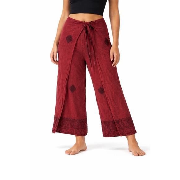 Soft Surroundings Pants - Soft Surroundings Maroon Embroidered Pull On Wrap Pants Boho Lagenlook Womens Md
